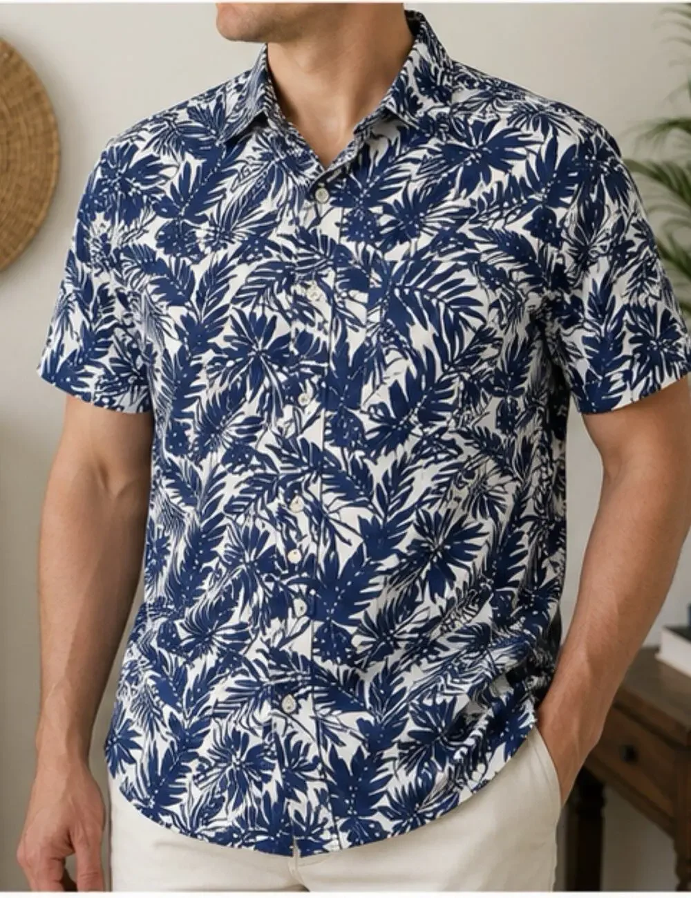 Banana Republic Men’s M Organic Cotton Tropical Leaf Shirt Blue White Standard